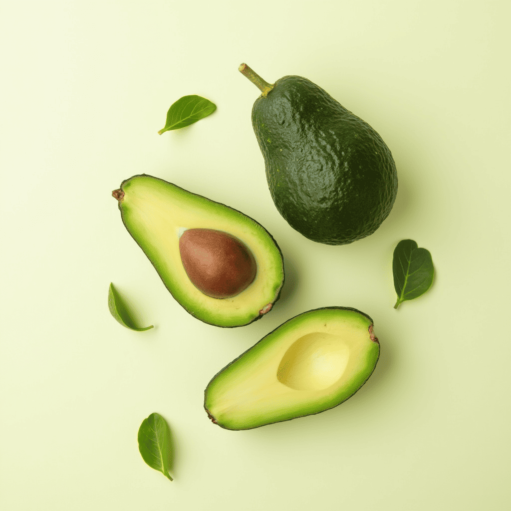 a whole avocado and half an avocado with a seed on a light background, greenery lying next to it