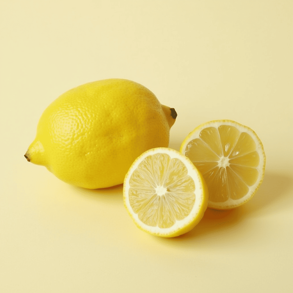 bright-yellow lemon, whole and cut, with visible juicy flesh on a light-colored background